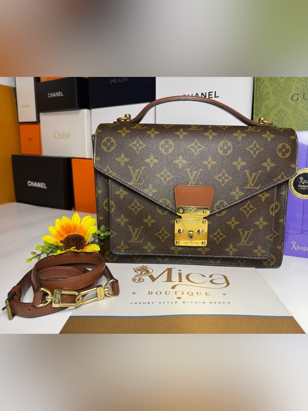 LOUIS VUITTON w/ COA Brown Monogram Medium Crossbody Satchel with Gold Hardware - Picture 3 of 17